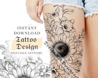 Printable Tattoo Design | Sunflower Daffodil and Butterfly | Digital Tattoo Design | Tattoo Design for Women
