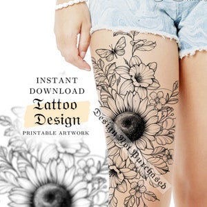 Printable Tattoo Design | Sunflower Daffodil and Butterfly | Digital Tattoo Design | Tattoo Design for Women