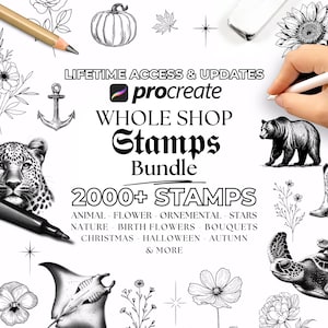 May include: A digital art bundle with over 2000 stamps for Procreate, featuring animal, floral, and ornamental designs. Includes a leopard, bear, and various botanical illustrations. Text reads "Lifetime Access & Updates" and "Whole Shop Stamps Bundle".