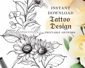 May include: Black and white floral tattoo design featuring two large daisies and other flowers with detailed leaves. The words "Instant Download Tattoo Design Printable Artwork" are also visible.