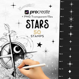 Op de afbeelding: Een digitale illustratie van een kompas met een wassende maan en sterren. De afbeelding is gelabeld "procreate + PNG Transparent files STARS 50 STAMPS". Er zijn 11 verschillende stervormen weergegeven aan de rechterkant van de afbeelding.