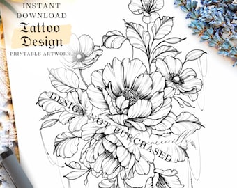 Puede incluir: Diseño de tatuaje en blanco y negro con un arreglo floral detallado con peonías y otras flores. El diseño incluye el texto "Tattoo Design" y "Instant Download Printable Artwork". El diseño está firmado por el artista.