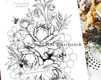 May include: Black and white line art tattoo design of a floral bouquet with peonies, leaves, and bees. The design is set against a honeycomb background. The text "Design Not Purchased" is written on the image. The text "Laurenceveillx" is written on the image.