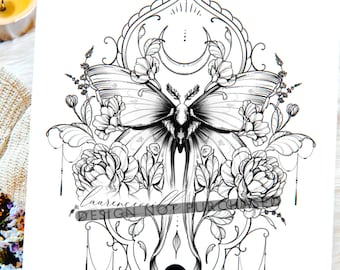 Luna Moth Tattoo Design for Women | Ornamental Mandala Flower Tattoo Drawing Stamps | Tattoo Stencil Flash Outline | Female Tattoo Design