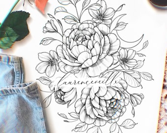May include: A black and white line drawing of a bouquet of flowers with a crescent moon. The flowers include peonies, roses, and other small flowers. The drawing is signed "laurenceveillx".