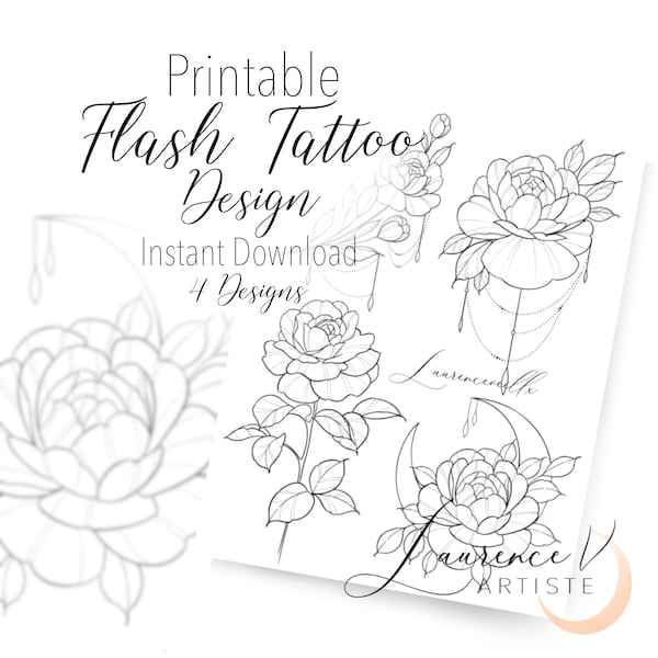 Tattoo Design | Flash Tattoo Design | Flowers Roses Moon | Instant Download | Printable Tattoo Stencil