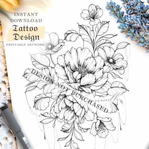 Printable Tattoo Design | Peonies Poppies and Chains | Digital Tattoo Design | Tattoo Design for Women