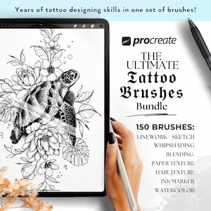 May include: A digital illustration of a turtle with flowers and leaves, drawn in black and white. The image is on a tablet screen with the text "procreate THE ULTIMATE Tattoo Brushes Bundle 150 BRUSHES: LINEWORK - SKETCH WHIPSHADING BLENDING PAPER TEXTURE HAIR TEXTURE INK MARKER WATERCOLOR".