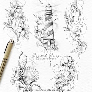 Peut inclure: Dessins de tatouage numériques en noir et blanc sur le thème nautique. Les motifs incluent un phare, un coquillage, une sirène et une méduse, tous avec des accents floraux. Le nom de l'artiste et l'URL de la boutique sont visibles.