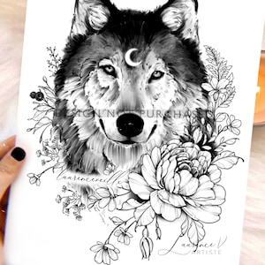 Tattoo Design | Instant Download | Wolf Wildflowers and Leaves | Tattoo Stencil