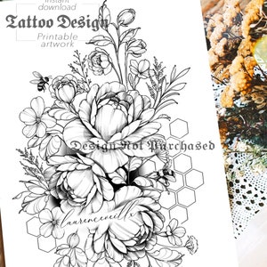 Desenho de tatuagem | Download instantâneo | Abelha peônia e flores silvestres | Estênceis de tatuagem