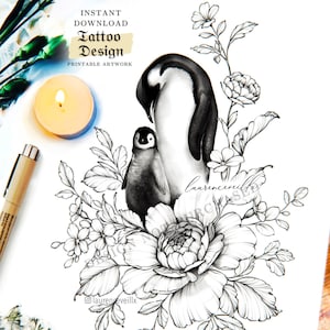 Tattoo Design Ideas for Women | Download Drawing Stencil Outline | Penguin Animal Peony Flower Tattoo | Half Sleeve Thigh Hip Female Tattoo