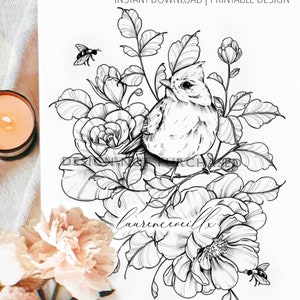 Tattoo Design | Instant Download | Bird, Rose and Peony | Tattoo Stencil