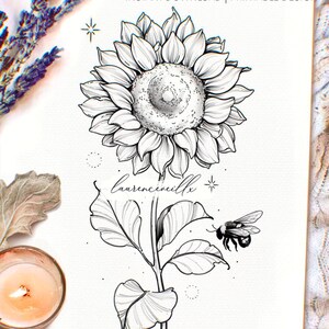 Tattoo Design | Instant Download | Sunflower and Bee | Tattoo Stencil