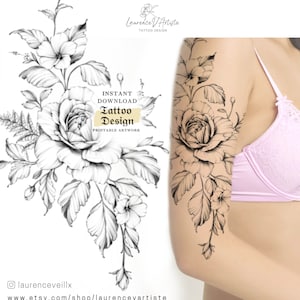 Tattoo Design for Women | Instant Download | Rose Wildflower Fineline Tattoo Ideas | Half Sleeve Thigh Arm Matching Custom Tattoo Stencil