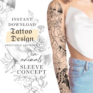 Sleeve Tattoo design for Women | Digital Download Tattoo Stencil | Printable Tattoo Flash | Sea Animal Flower Tattoo | Tattoo PNG