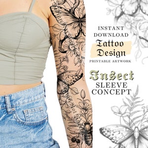 Sleeve Tattoo Ontwerp voor Vrouwen | Tattoo Tekening Stencil Outline | Klaar om | te downloaden Butterfly Bee Snake Flower Animal Insect Tattoo Ideeën
