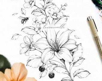 Tattoo Design | Lily Flower Bee Floral Tattoo Drawing Stencil | Botanical Tattoo Ideas for Women | Instant Download Tattoo Stencil