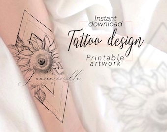 May include: Black and white line art tattoo design of a sunflower inside a geometric diamond shape. The design includes the text "aurencevills".