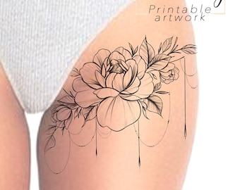 Tattoo design Floral | design motif floral féminin numérique à imprimer, tattoo pour cuisse hanche omoplate dos, art tatouage unique femme