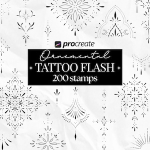 以下が含まれることがあります： 黒と白の装飾的なタトゥーフラッシュのデザイン。花柄や幾何学模様が含まれています。画像にはProcreateのロゴと「Ornamental Tattoo Flash 200 stamps」というテキストが表示されています。