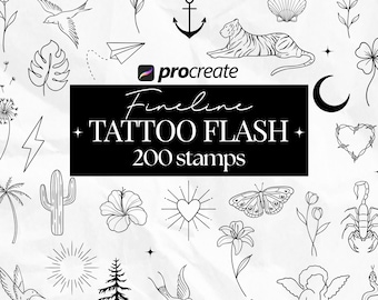 200 Procreate Flash Tattoo Stamps | Procreate Tattoo Brushes Set | Fineline Minimalist Tattoo Art Stencil Flash Sheet | Digital Download