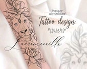 Lion Tattoo Design for Women | Animal Flower Floral Tattoo Drawing Stamps | Tattoo Stencil Flash Outline | Printable Female Tattoo Design