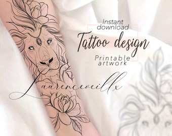 Tattoo Design | Instant Download | Lion and Flowers | Printable Tattoo Stencil