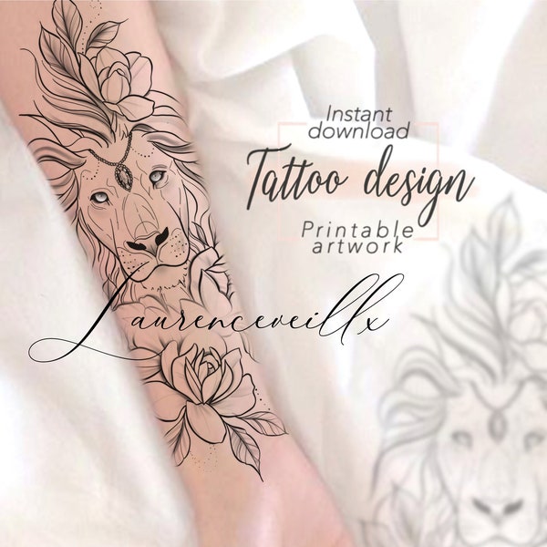 Дизайн татуировки| Мгновенная загрузка| Лев и цветы | Печатаемая трафаретная татуировка
