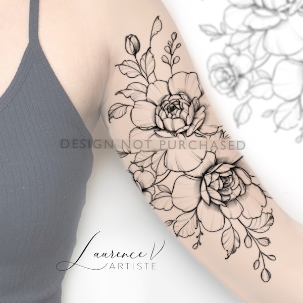 Peony Tattoo Design for Women | Flower Floral Bouquet Tattoo Drawing Stamps | Tattoo Stencil Flash Outline | Printable Female Tattoo Design