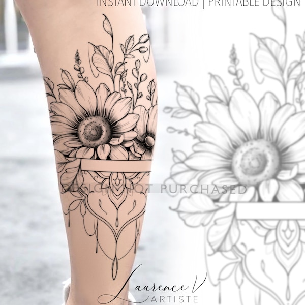 Tattoo ontwerp| Direct downloaden| Zonnebloem en mandala| Tattoo Stencil