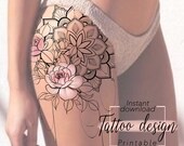 Tattoo design Pink Mandala | Design motif floral féminin numérique à imprimer, tattoo pour cuisse hanche ou dos, art tatouage unique femme