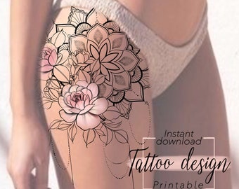 Tattoo design Pink Mandala | Digital feminine floral pattern design to print, tattoo for thigh hip or back, unique tattoo art for women