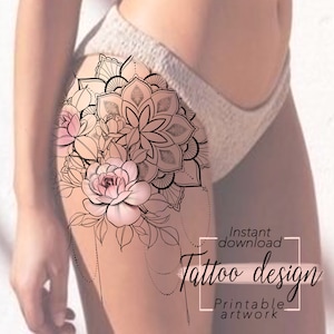 Tattoo design Pink Mandala | Digital feminine floral pattern design to print, tattoo for thigh hip or back, unique tattoo art for women