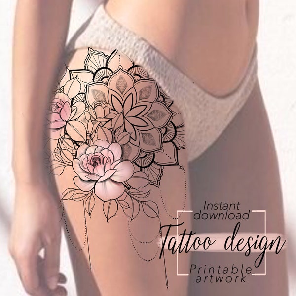 Дизайн татуировки Розовая мандала | Дизайн цифрового женского цветочного узора для печати, татуировка для бедра бедра или спины, уникальная татуировка арт женщины