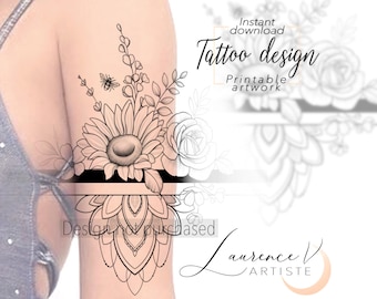 Instant download Tattoo Design | Sunflower Bee Bracelet | Floral Tattoo | Printable Stencil/Template