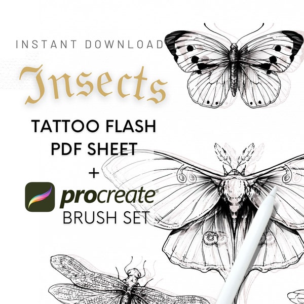 Insect Tattoo Flash and Procreate Brushes | Butterfly Moth Bee Dragonfly Ladybug Firefly Cicada | Clip art bundle | Tattoo Brush set Stamps