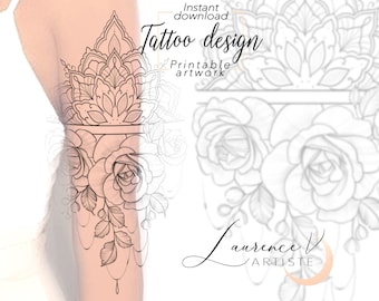 Instant download Tattoo Design | Roses Mandala | Floral Tattoo | Printable Stencil/Template