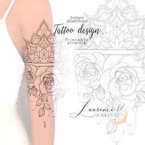 Tattoo Design | Instant Download | Roses and Mandala | Printable Tattoo Stencil