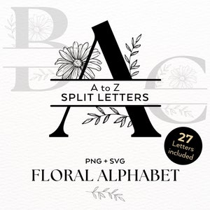 Alfabeto Floral PNG SVG | Clipart de monograma de letras divididas | Fonte de flor botânica | Arquivos Cricut | Design de pod para uso comercial | SVG de casamento