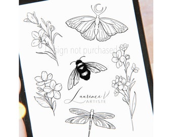 Tattoo Design | Flash Tattoo Design | Flowers Bee Butterfly Dragonfly | Instant Download | Printable Tattoo Stencil