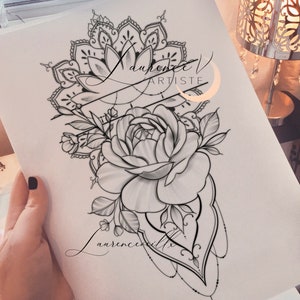 Printable Tattoo Design | Instant download tattoo design | Flower Mandala Ornemental Tattoo, sleeve tattoo, custom tattoo drawing for women