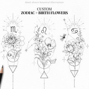 Peut inclure: Trois illustrations botaniques en noir et blanc avec des symboles du zodiaque, des fleurs de naissance, des constellations et des formes géométriques. Texte : Hand-drawn botanical Illustrations, CUSTOM ZODIAC + BIRTH FLOWERS, www.etsy.com/shop/laurencevartiste.