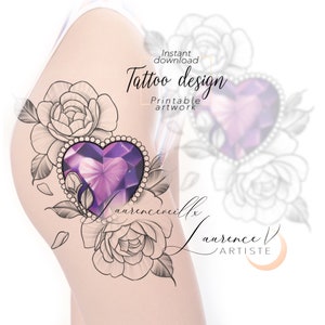 Printable Tattoo Design | Instant download tattoo design | Pink Diamond and Flowers tattoo, thigh tattoo, custom tattoo drawing for women