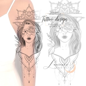 Tattoo Design | Instant Download | Face Flower Mandala | Printable Tattoo Stencil