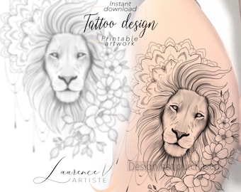 Può includere: Un disegno di tatuaggio in bianco e nero di una testa di leone con accenti floreali. Il design include un motivo a mandala e il testo "Download istantaneo Design del tatuaggio Opera d'arte stampabile".