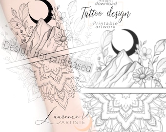 Diseño de tatuajes| Descarga instantánea| Montaña de la Luna y mandala | Tatuaje de plantilla imprimible