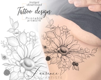 Può includere: Disegno di tatuaggio in bianco e nero a linee di un girasole con foglie e bacche. Il design è sul petto di una persona. Il testo "Download immediato" e "Progettazione del tatuaggio" è nella parte superiore dell'immagine. Il testo "Opera d'arte stampabile" è sotto il design. Il testo "Laurence Artiste" è nella parte inferiore dell'immagine.
