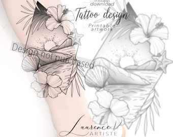 Diseño de tatuajes| Descarga instantánea| Paisaje Puesta de sol y | hibisco Tatuaje de plantilla imprimible