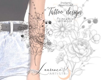 Può includere: Disegno di tatuaggio in linea di un bouquet floreale con una varietà di fiori e foglie. Il design è mostrato sul braccio di una donna. Il testo "Download istantaneo Design del tatuaggio Opera d'arte stampabile" è visibile nell'immagine.